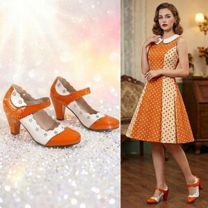 Women Size 10 Orange And White Pumps With Velcro Strap